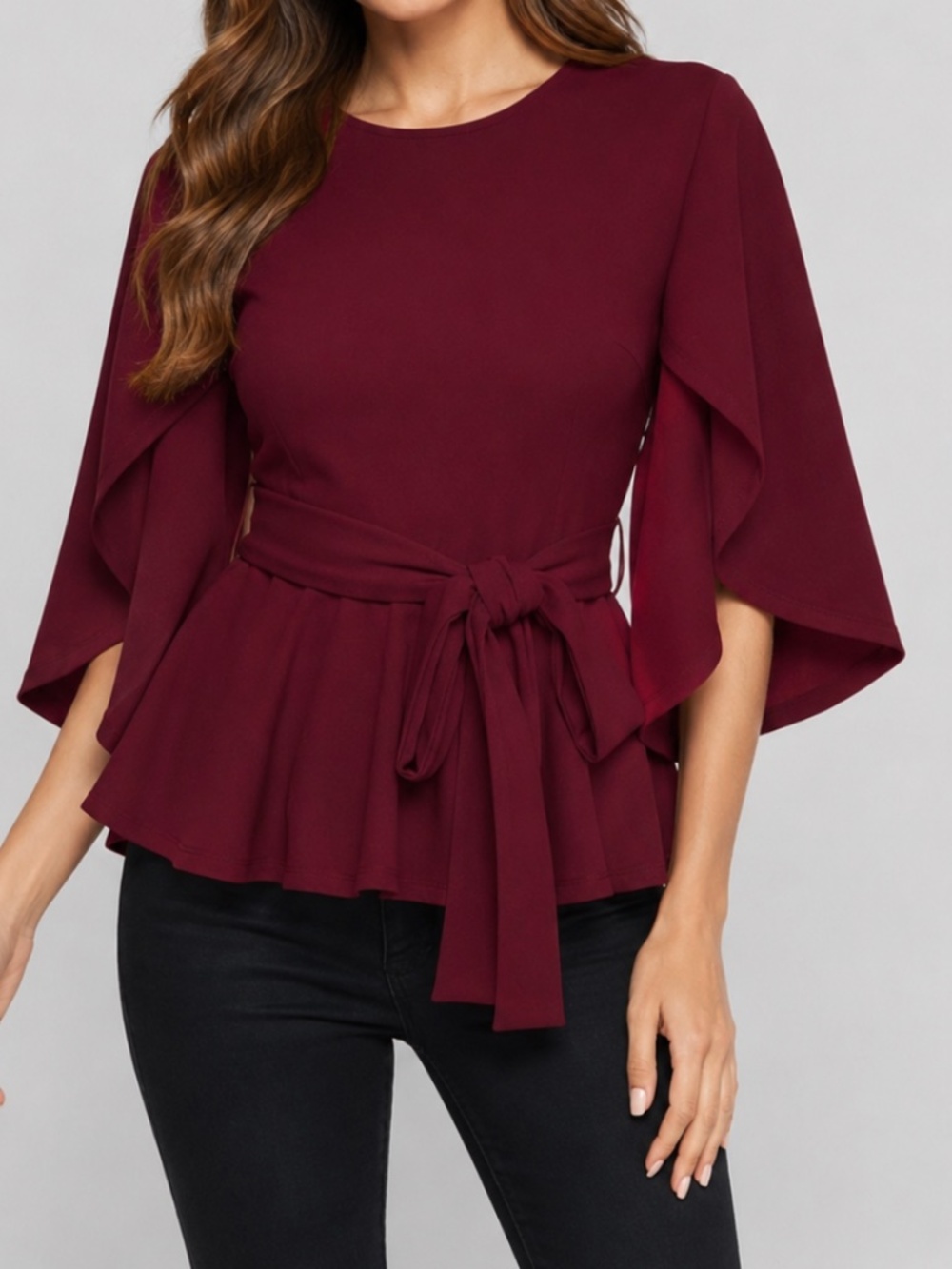 Burgundy Cape Sleeve Peplum Tie Waist Blouse Small Elegant Holiday – Size Medium